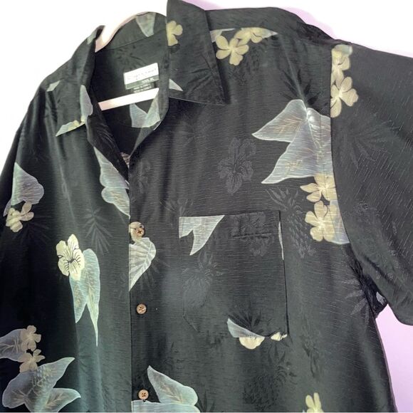 Vintage Firethorn L Black Silk Hawaiian Shirt Tropical Floral Button Up Collar - Picture 2 of 7